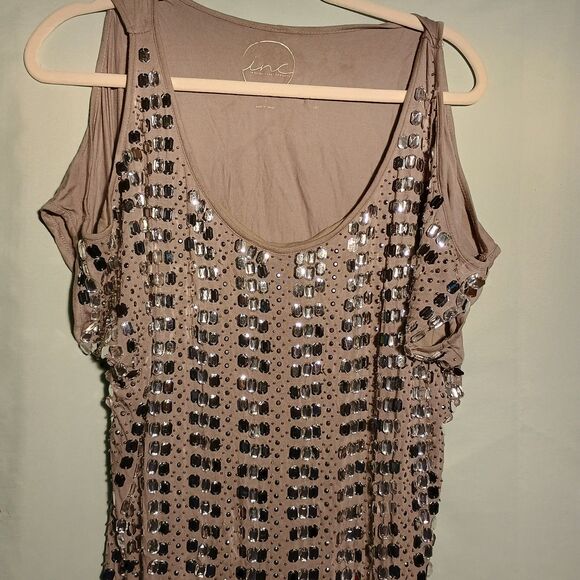 INC International Concepts Taupe Cold Shoulder Sequin  Top – Women’s Size L - Picture 2 of 4